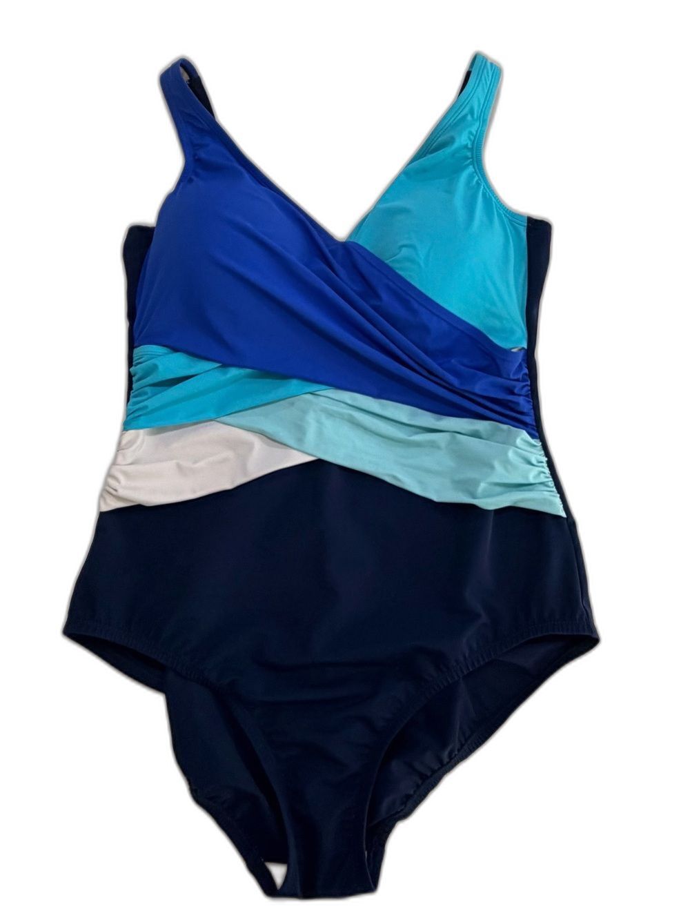Lands’ End SlenderSuits Surplice Wrap One Piece Swimsuit Colorblock Blue Sz 14